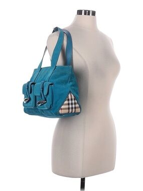 Burberry🌟 RARE 🌟Teal Suede Double-Pocket Shoulder Bag with Signature Check